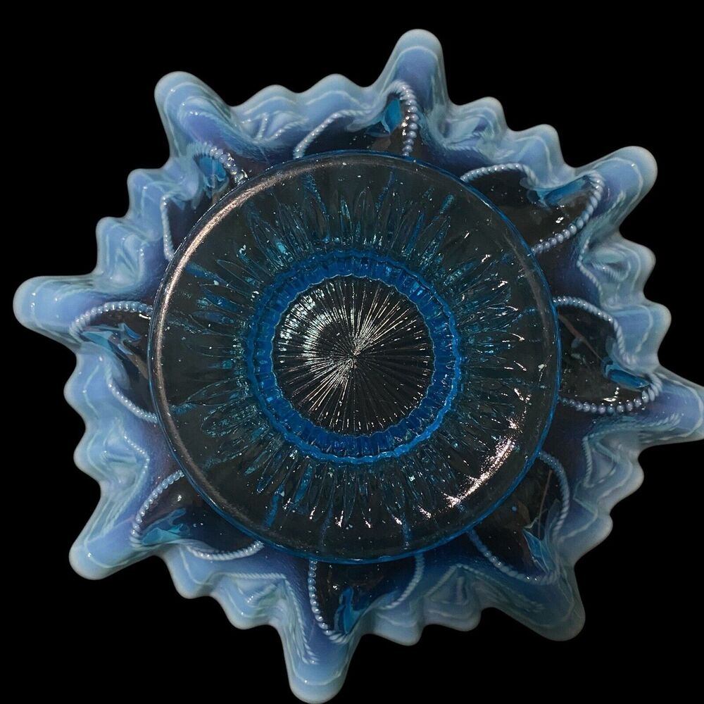 Nothwood Opalescent Blue Antique Glass Roulette Bowl 1906 Crimped Ruffled Edge - Picture 6 of 10